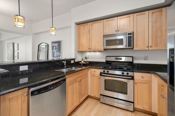 Interior, Kitchen, Pendant Lights, Stainless Steel Appliances, Wood Texture Flooring