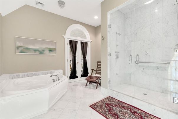 Bathroom, Glass Shower, Interior, Marble, Marble Walls, Recessed Lighting