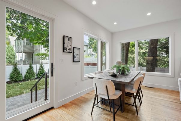 Dining room, Interior, Recessed Lighting, Wood Texture Flooring