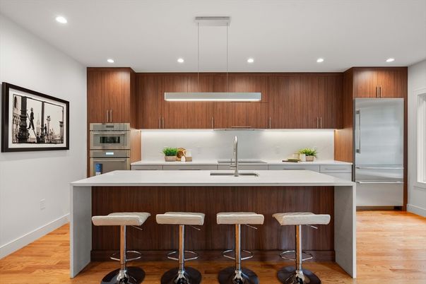 Interior, Kitchen, Pendant Lights, Recessed Lighting, Stainless Steel Appliances, Wood Texture Flooring