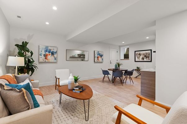 Dining room, Interior, Living room, Recessed Lighting, Wood Texture Flooring