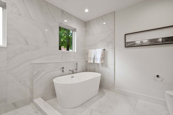 Bathroom, Free Standing Baths, Interior, Marble, Marble Walls, Recessed Lighting