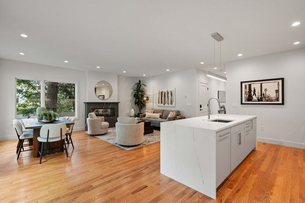 Dining room, Fireplace, Interior, Kitchen, Living room, Pendant Lights, Recessed Lighting, Wood Texture Flooring