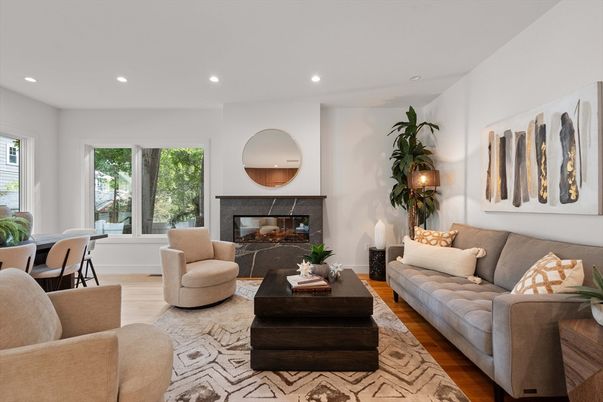 Dining room, Fireplace, Interior, Living room, Recessed Lighting, Wood Texture Flooring