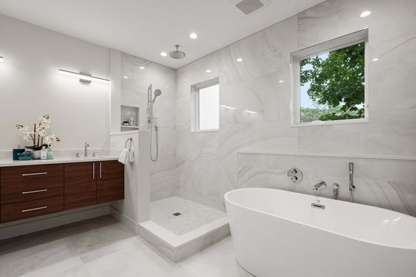 Bathroom, Dual Sink Vanities, Free Standing Baths, Interior, Marble Walls, Recessed Lighting
