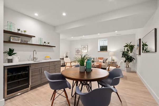 Dining room, Interior, Recessed Lighting, Wood Texture Flooring