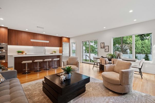 Dining room, Interior, Kitchen, Living room, Pendant Lights, Recessed Lighting, Stainless Steel Appliances, Wood Texture Flooring