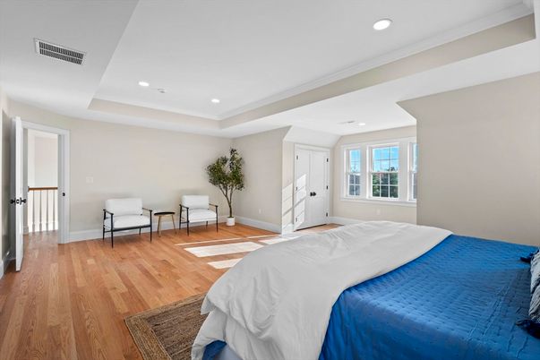 Bedroom, Interior, Recessed Lighting, Wood Texture Flooring