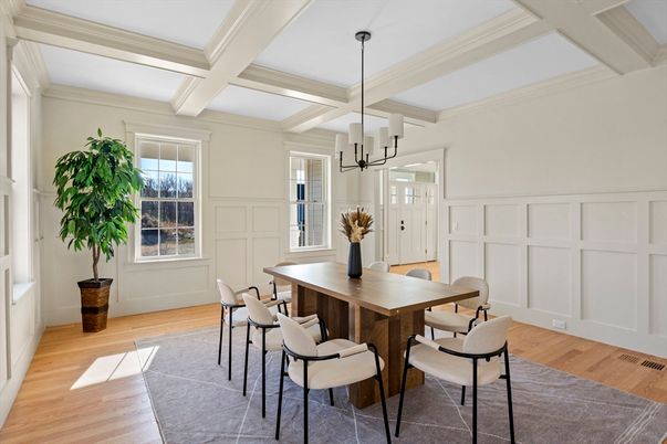 Dining room, Interior, Pendant Lights, Wood Texture Flooring