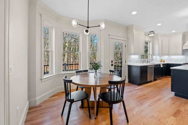 Dining room, Interior, Kitchen, Pendant Lights, Recessed Lighting, Wood Texture Flooring