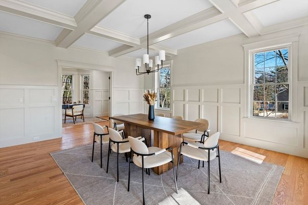 Chandelier, Dining room, Interior, Pendant Lights, Wood Texture Flooring