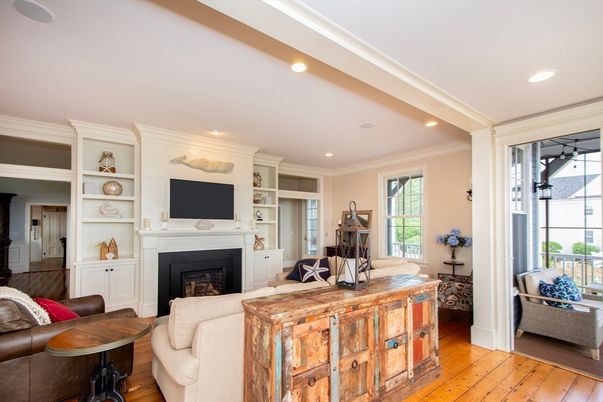 Fireplace, Interior, Living room, Recessed Lighting, Wood Texture Flooring