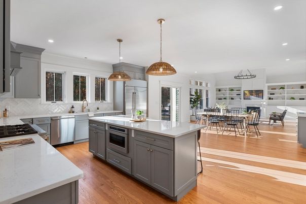 Dining room, Interior, Kitchen, Pendant Lights, Recessed Lighting, Stainless Steel Appliances, Wood Texture Flooring
