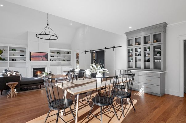 Dining room, Fireplace, Interior, Living room, Pendant Lights, Recessed Lighting, Wood Texture Flooring