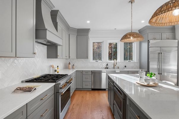 Interior, Kitchen, Pendant Lights, Recessed Lighting, Stainless Steel Appliances, Wood Texture Flooring