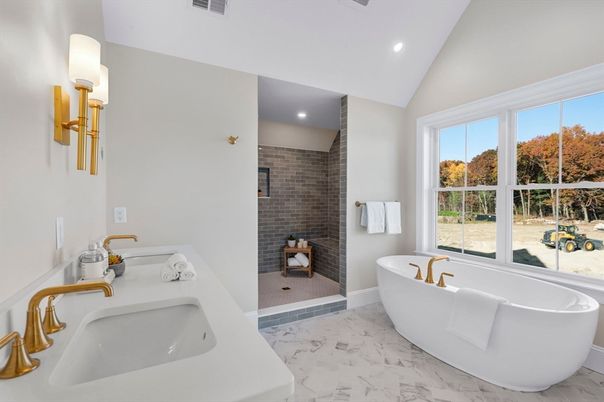Bathroom, Dual Sink Vanities, Free Standing Baths, Interior, Marble, Recessed Lighting