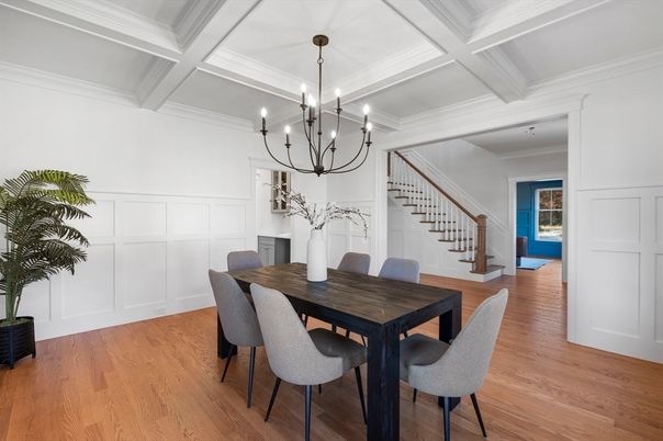 Chandelier, Dining room, Interior, Wood Texture Flooring