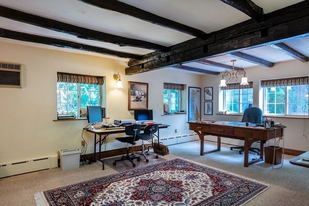 Chandelier, Home Office, Interior, Wooden Beams