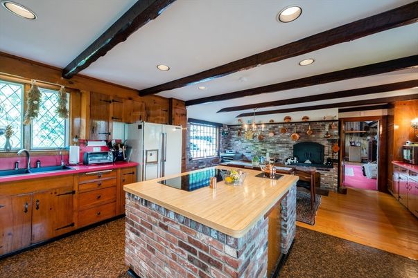 Chandelier, Fireplace, Interior, Kitchen, Recessed Lighting, Stone Walls, Wooden Beams, Wood Texture Flooring