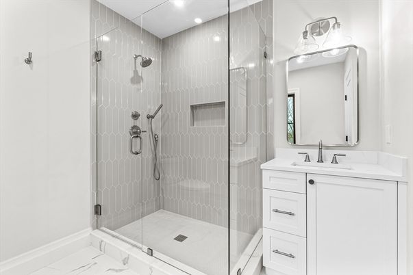 Bathroom, Glass Shower, Interior, Marble, Recessed Lighting