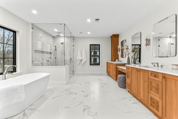 Bathroom, Dual Sink Vanities, Free Standing Baths, Glass Shower, Interior, Marble, Marble Walls, Recessed Lighting