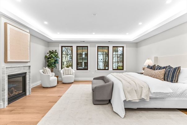 Bedroom, Fireplace, Interior, Recessed Lighting, Wood Texture Flooring
