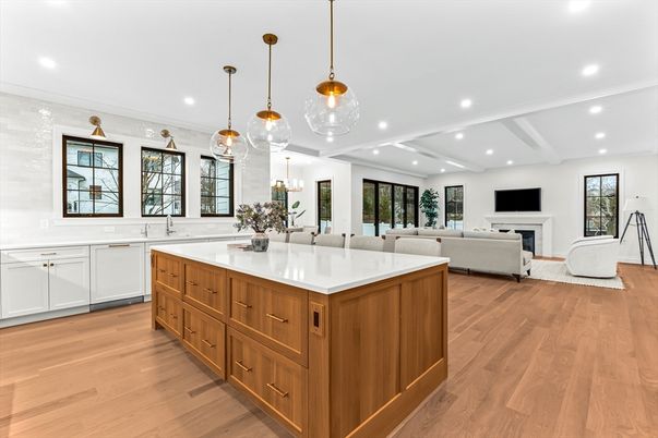 Fireplace, Interior, Kitchen, Living room, Pendant Lights, Recessed Lighting, Wood Texture Flooring