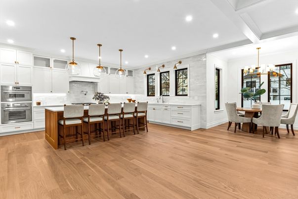 Dining room, Interior, Kitchen, Pendant Lights, Recessed Lighting, Stainless Steel Appliances, Wood Texture Flooring