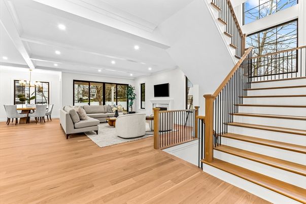Chandelier, Dining room, Fireplace, Interior, Living room, Recessed Lighting, Wood Texture Flooring