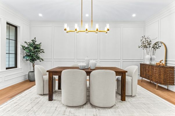Dining room, Interior, Pendant Lights, Recessed Lighting, Wood Texture Flooring
