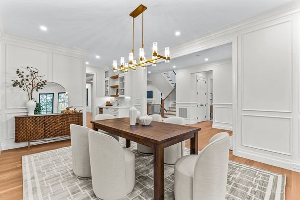 Dining room, Interior, Pendant Lights, Recessed Lighting, Wood Texture Flooring