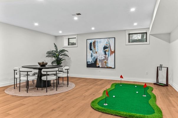 Dining room, Game Room, Interior, Recessed Lighting, Wood Texture Flooring