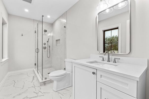 Bathroom, Glass Shower, Interior, Marble, Marble Walls, Recessed Lighting