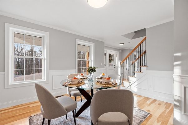 Dining room, Interior, Recessed Lighting, Wood Texture Flooring