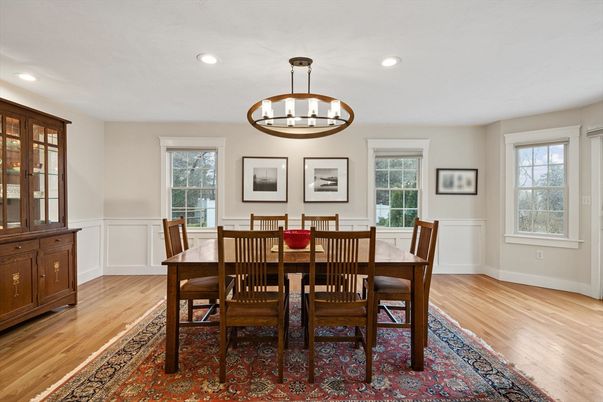 Dining room, Interior, Pendant Lights, Recessed Lighting, Wood Texture Flooring