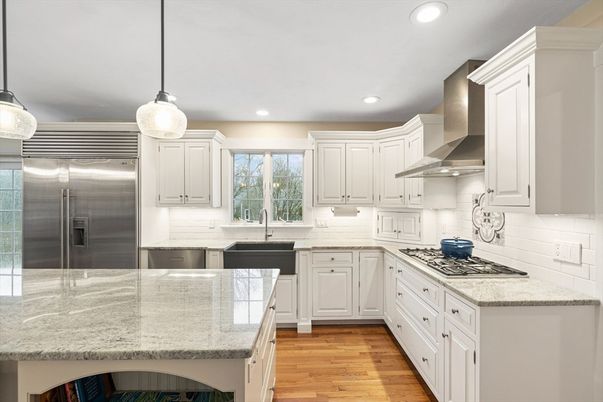 Interior, Kitchen, Pendant Lights, Recessed Lighting, Stainless Steel Appliances, Wood Texture Flooring