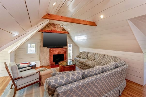 Fireplace, Interior, Living room, Recessed Lighting, Wooden Beams, Wood Texture Flooring