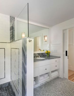 Bathroom, Glass Shower, Interior, Wood Texture Flooring