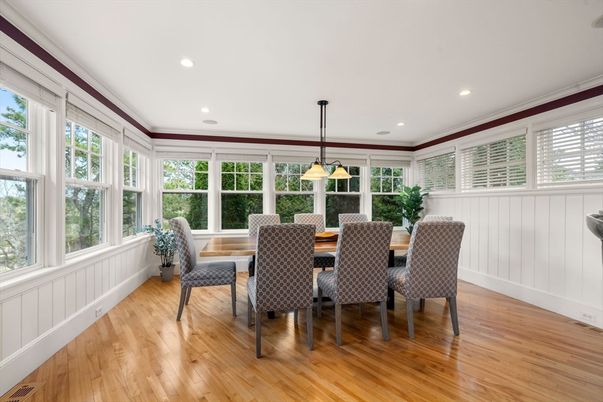 Dining room, Interior, Pendant Lights, Recessed Lighting, Wood Texture Flooring