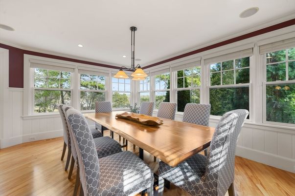 Dining room, Interior, Pendant Lights, Recessed Lighting, Wood Texture Flooring