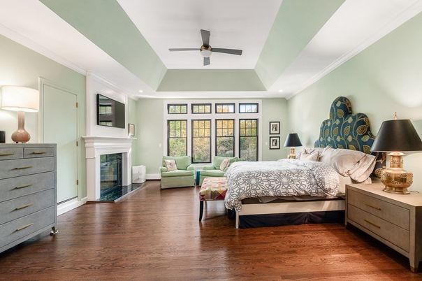Bedroom, Fireplace, Interior, Recessed Lighting, Wood Texture Flooring