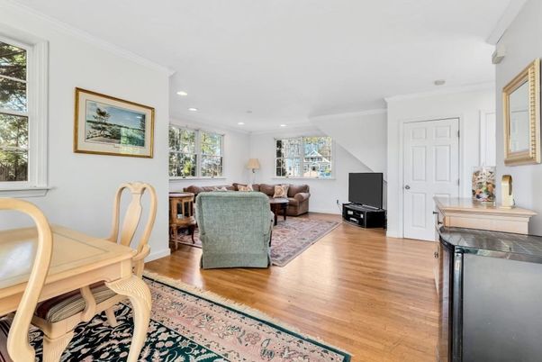 Dining room, Interior, Living room, Recessed Lighting, Wood Texture Flooring