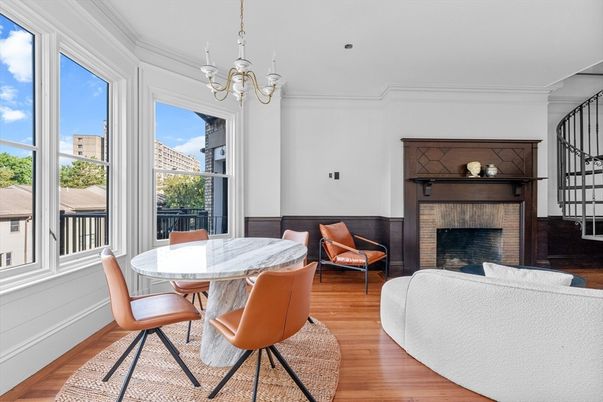 Chandelier, Dining room, Fireplace, Interior, Living room, Wood Texture Flooring
