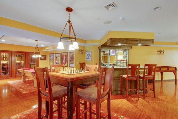 Billiard Table, Dining room, Game Room, Interior, Pendant Lights, Recessed Lighting, Wood Texture Flooring