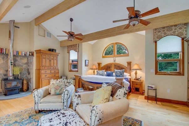 Bedroom, Fireplace, Interior, Living room, Wooden Beams, Wood Texture Flooring