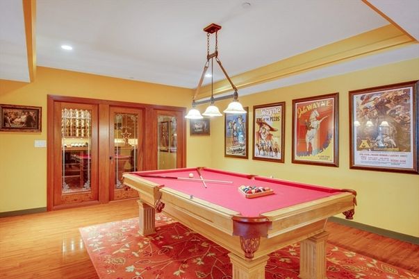 Billiard Table, Game Room, Interior, Pendant Lights, Recessed Lighting, Wood Texture Flooring