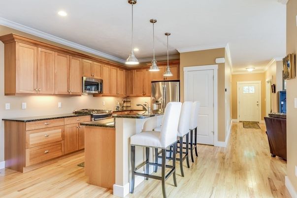 Interior, Kitchen, Pendant Lights, Recessed Lighting, Stainless Steel Appliances, Wood Texture Flooring