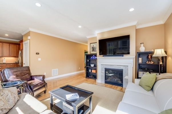 Fireplace, Interior, Living room, Recessed Lighting, Wood Texture Flooring