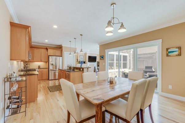 Dining room, Interior, Kitchen, Pendant Lights, Recessed Lighting, Stainless Steel Appliances, Wood Texture Flooring