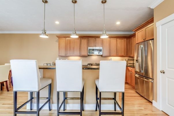 Interior, Kitchen, Pendant Lights, Recessed Lighting, Stainless Steel Appliances, Wood Texture Flooring